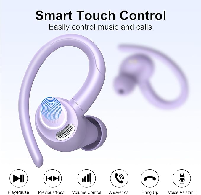 Wireless Earbuds Bluetooth 5.3 Headphones Sports, 48H Over Ear Buds with ENC Mic, Stereo Deep Bass Bluetooth Earbuds with Secure Earhooks, LED Display, IPX7 Waterproof Earphone for Running/Gym Purple