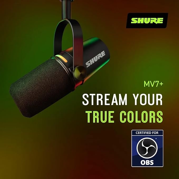 Shure MV7+ Podcast Dynamic Microphone – OBS Certified, Enhanced Audio, LED Panel, USB-C & XLR Outputs, Auto Level Mode, Digital Pop Filter, Reverb Effects – for Podcasting, Streaming, Recording, Black