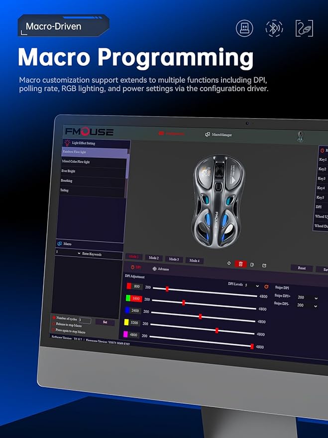 Gaming Wireless Mouse, Tri-Mode (2.4G/Bluetooth/Wired), 4800 DPI, 1000Hz Ergonomic Hollow RGB Rechargeable Type-C for Mac/Laptop/iPad/Office - Gray
