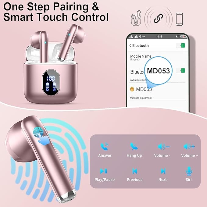 Wireless Earbuds, Bluetooth Headphones V5.4 Stereo Bass Ear Buds with ENC Noise Cancelling Mics,30H Bluetooth Earbuds with LED Display Charging Case, IP7 Waterproof Earphones for Android iOS【Mini】