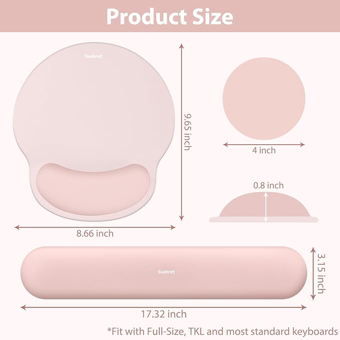Sushret Mouse Pad and Keyboard Wrist Rest, 3-in-1 Gel Memory Foam Ergonomic Mouse Pad with Wrist Rest Set, Gaming Mousepad Arm Cushion Support for Computer Office Desk Accessories Cute Setup, Pink