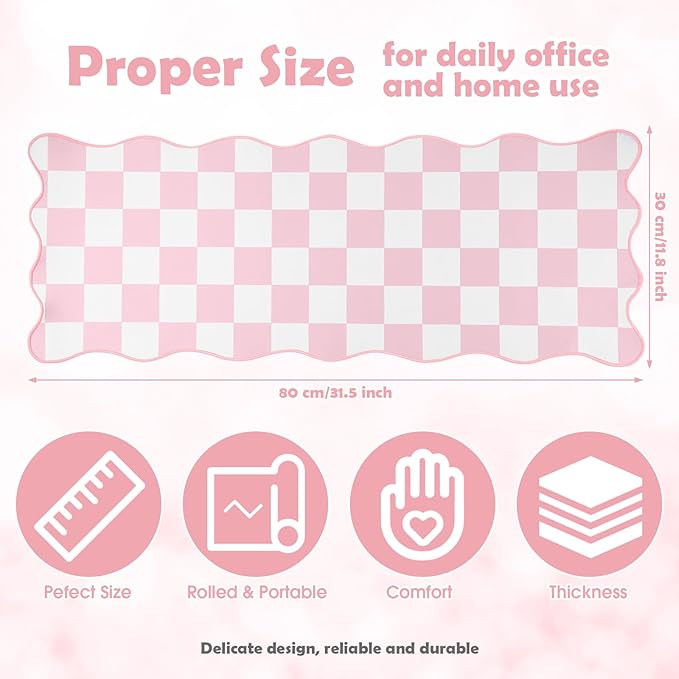 1 Pcs Pink Scalloped Checkered Desk Mat 31.5 x 11.8 Inch Large Cute Mouse Pad Computer Mat Non Slip Waterproof Rubber Base with Border Stitching Soft Keyboard Pad for Home Office Gaming Makeup