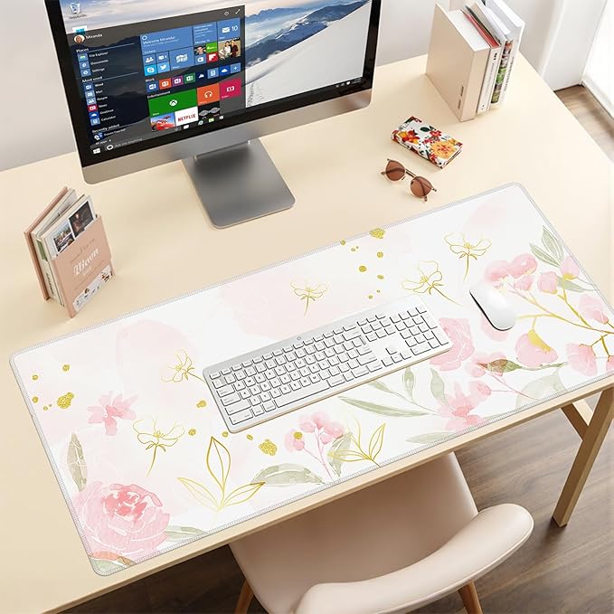 Baziabbo Pink Floral Desk Mat,XXL Extended Large Mouse Pad,Gaming Mousepad with Stitched Edge,Non-Slip Rubber Base Keyboard Desk Pad for Home Office Study Game