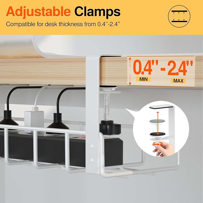 2 Pack Under Desk Tray, 31.4" No Drill Wire Management with Upgraded Clamp, Metal Cord Organizers for Desk, PC Cable Rack, White - Image 6