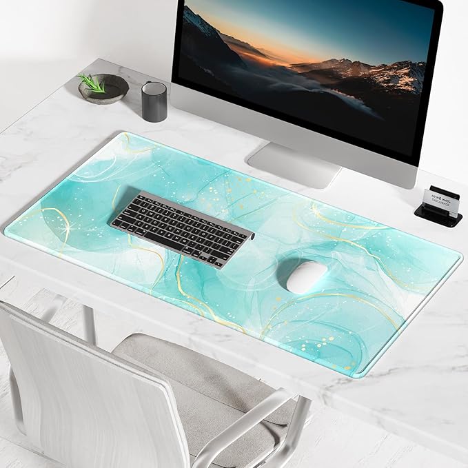 BOSOBO Large Mouse Pad - XXL XL Extended Gaming Desk Mat for Office & Home, Long Keyboard Cover 35.5 x 15.7 Inches, Art Gold Teal Marble