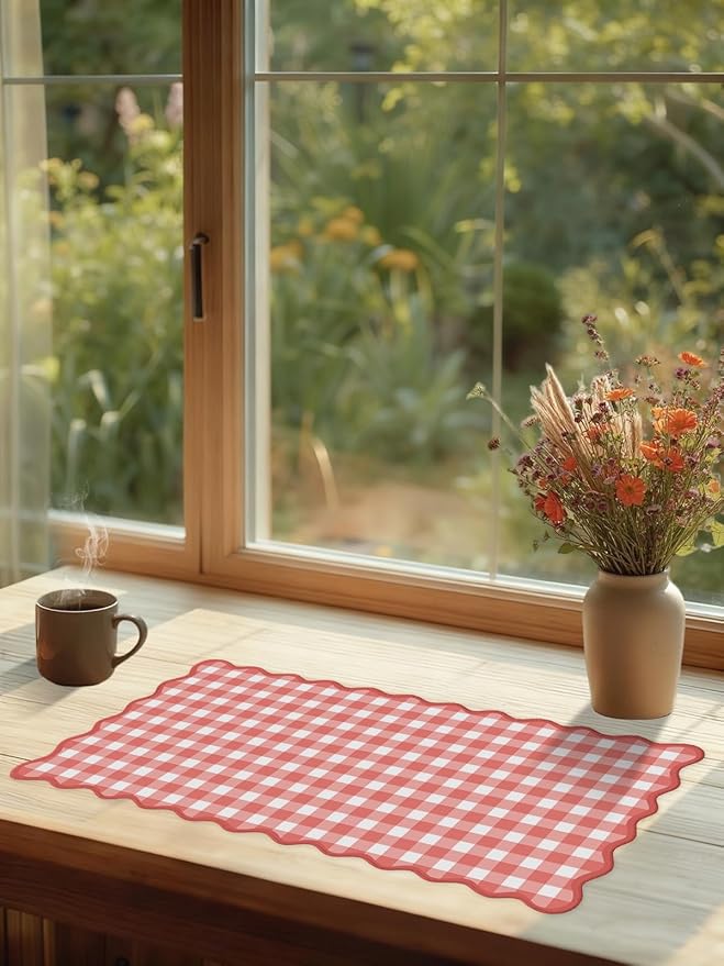 Scalloped Checkered Gingham Desk Mat Cute Red XXL Large Mouse Pad Kawaii Cottagecore Vintage Rustic Girly Keyboard Computer Mat Pad Aesthetic Cozy Office Desk Decor for Women
