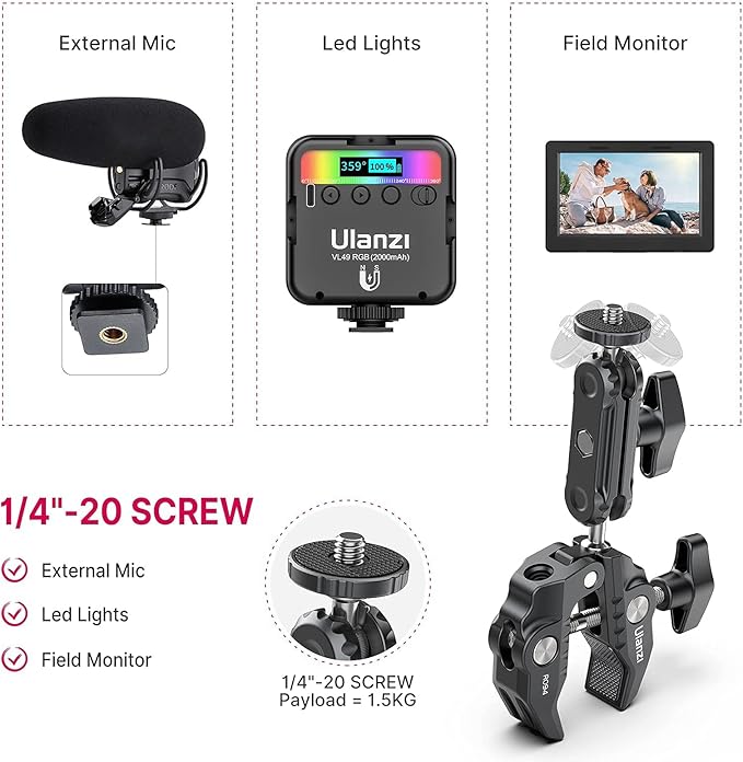 ULANZI Super Clamp Camera Clamp Mount Monitor 360° Ballhead Magic Arm Double Ball Head Adapter with 1/4"-20 & 3/8"-16 Thread ST-07 Phone Tripod Mount - Image 7