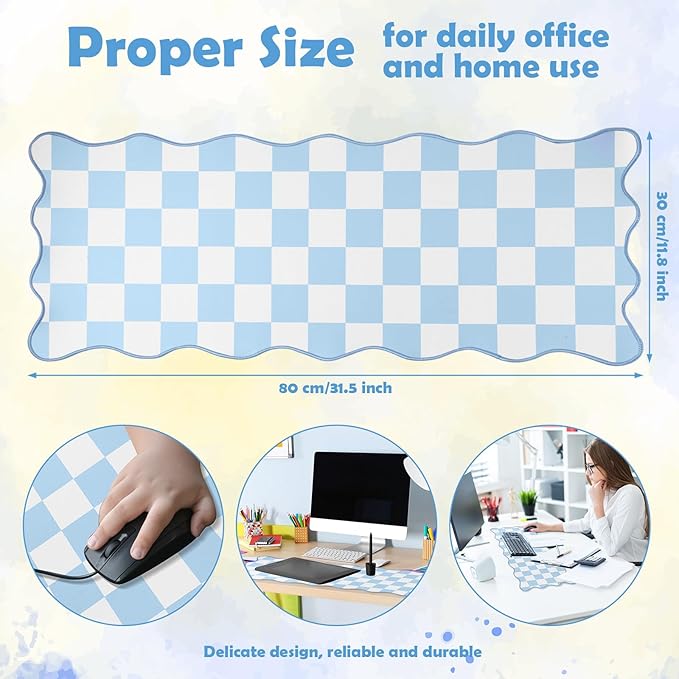 1 Pcs Blue Scalloped Checkered Desk Mat 31.5 x 11.8 Inch Large Cute Mouse Pad Computer Mat Non Slip Waterproof Rubber Base with Border Stitching Soft Keyboard Pad for Home Office Gaming Makeup