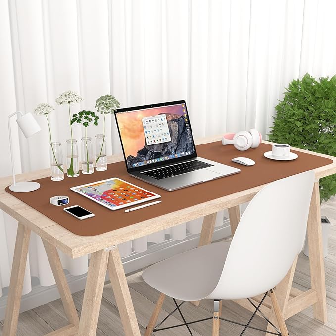 Hsurbtra Desk Pad, 35.5" x 17" PU Leather Desk Mat, XXL Extended Mouse Pad, Waterproof Desktop Blotter Protector, Non-Slip Ultra Thin Large Laptop Keyboard Writing Mat for Office Home, Dark Apricot