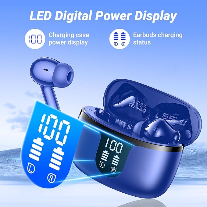 Wireless Earbuds Bluetooth 5.4 Headphones HiFi Stereo 42H Playback in Ear with 4 ENC Noise Cancelling Mic, IPX7 Waterproof and LED Battery Display Screen for Running Fitness Office Ear Buds in Blue