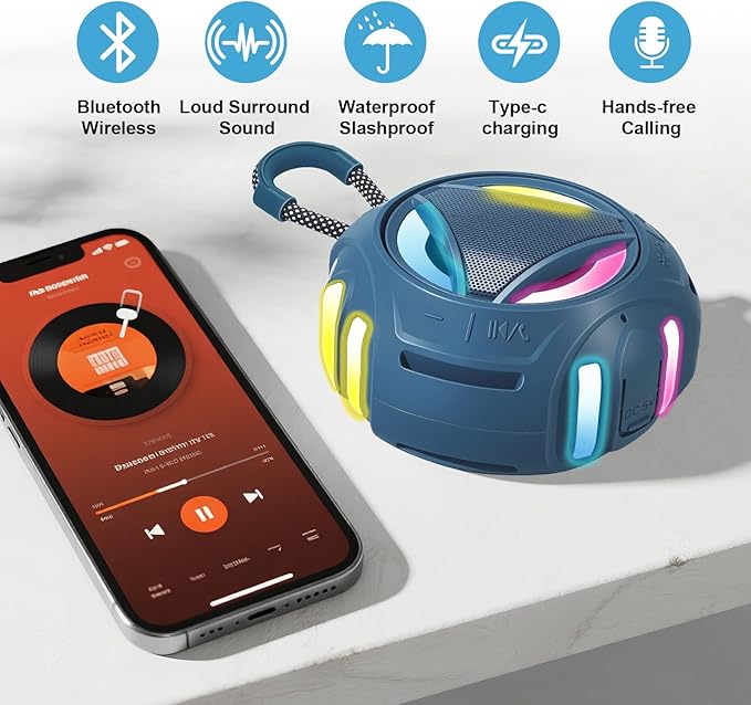 Portable Bluetooth Speaker, IPX7 Waterproof Shower Speaker, Wireless Outdoor Speakers, Floating, Built-in Mic, 24H Playtime with LED Lights, Loud HD Sound, Powerful Bass, Gifts for Unisex - Blue