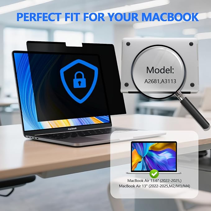 Magnetic Privacy Screen Protector for MacBook Air 13/13.6 Inch (2022-2026, M2/M3/M4/M5), Removable Anti Spy Glare Blue Light Shield for 13.6" Mac Laptop Privacy Filter
