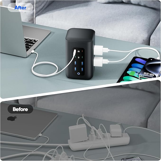 Power Strip Tower (230W), 14-in-1 USB-C Charging Station Tower with 2000J Surge Protection, 5FT Extension Cord with 6 AC Outlets & 8 USB Ports for Home Office Dorm Essentials