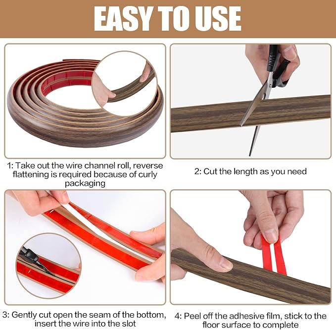 Floor Cord Cover Self Adhesive Cord Hider,20FT Cable Management, Extension Strip Protector for Wires, Prevent Cable Trips for Offices, Gyms, Exhibitions Cavity:0.39"(W) x 0.27"(H) Wood Walnut - Image 8