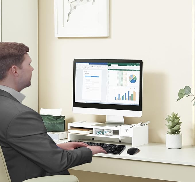 White Monitor Stand Riser, MDF Laptop Riser Shelf with Organizer(4.7" Hx8.1 Wx19.5 L)