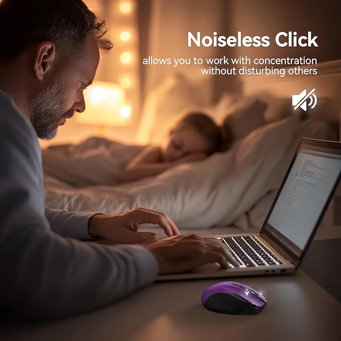 TECKNET Rechargeable Jiggler Wireless Mouse (BT5.0/3.0 & 2.4G) 4800 DPI Silent USB A & Bluetooth Mouse 6 Buttons, Wide Compatibility - Purple
