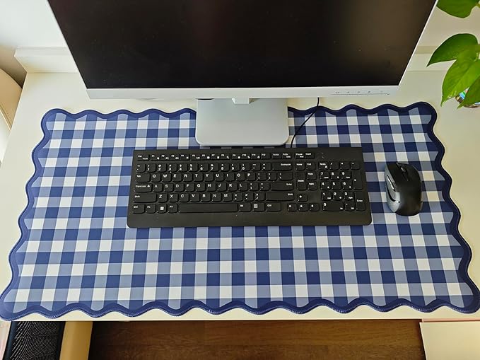 Scalloped Checkered Desk Mat Cute Dark Blue XXL Large Gaming Mouse Pad Gingham Kawaii Cottagecore Vintage Laptop Keyboard Computer Mat for Desktop Aesthetic Desk Pad Accessories Decor