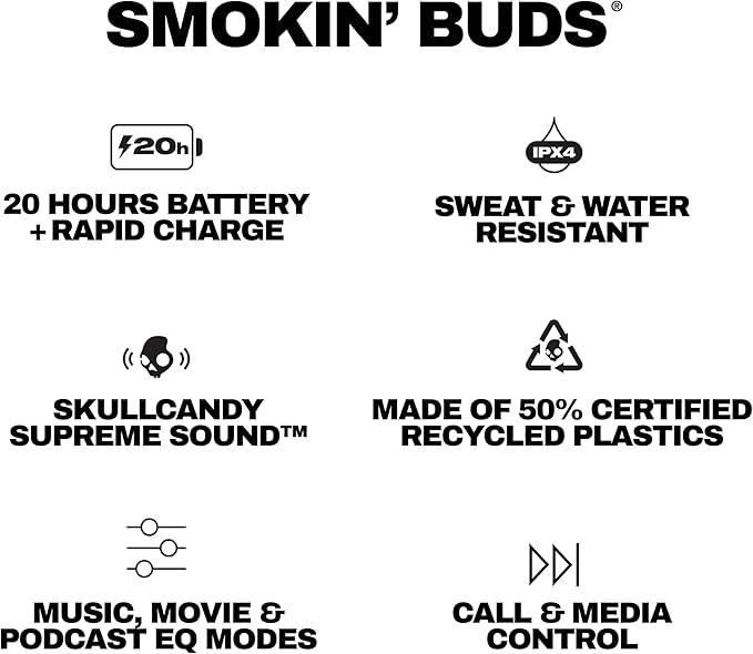 Skullcandy Smokin’ Buds Wireless Earbuds, Bluetooth Headphones, Noise Isolating Fit, Up to 20 Hours Battery, IPX4 Sweat and Water Resistant, Microphone for iPhone Android - Flame