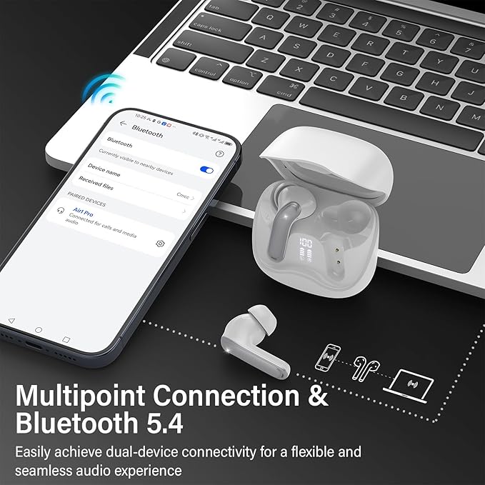 Hybrid Active Noise Canceling Wireless Earbuds, 6 Mics ENC Clear Call Ear Buds, Hi-Res Audio Deep Bass Bluetooth 5.4 Headphones, 48H Playtime, IP7, 8 EQ Modes, Multipoint Connection (White)