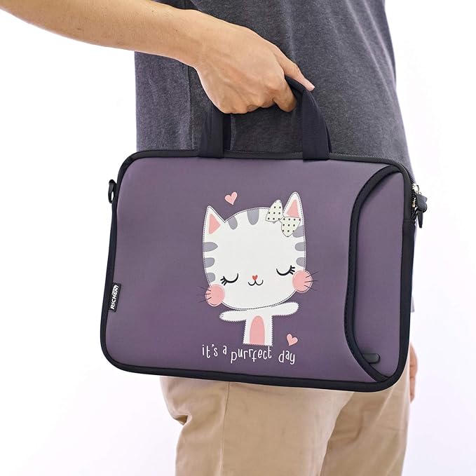 RICHEN 14 15 15.4 15.6 inch Laptop Shoulder Bag Notebook Handle Sleeve Neoprene Soft Carrying Travel Case with Accessories Pocket (14-15.6 inch, Cute Cat)