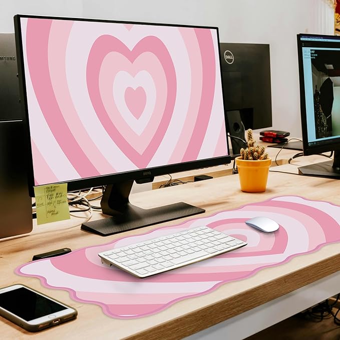 L-SPOUTTO Pink Mouse Pad,Cute Desk Mat XXL Large Scalloped Gaming Mousepad,35.4x15.7in Non-Slip Rubber Base Keyboard Pad Waterproof Desktop Mat for Laptop Computer Work Game Home Office-Pink Heart