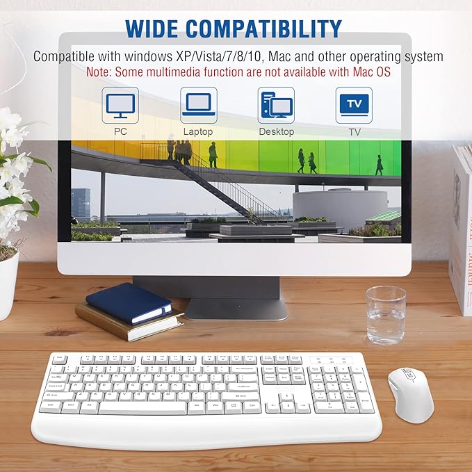 Wireless Keyboard and Mouse Combo, EDJO Full-Sized Ergonomic Computer Keyboard with Wrist Rest and 3 Level DPI Adjustable Wireless Mouse for Windows, Mac OS Desktop/Laptop/PC (White)