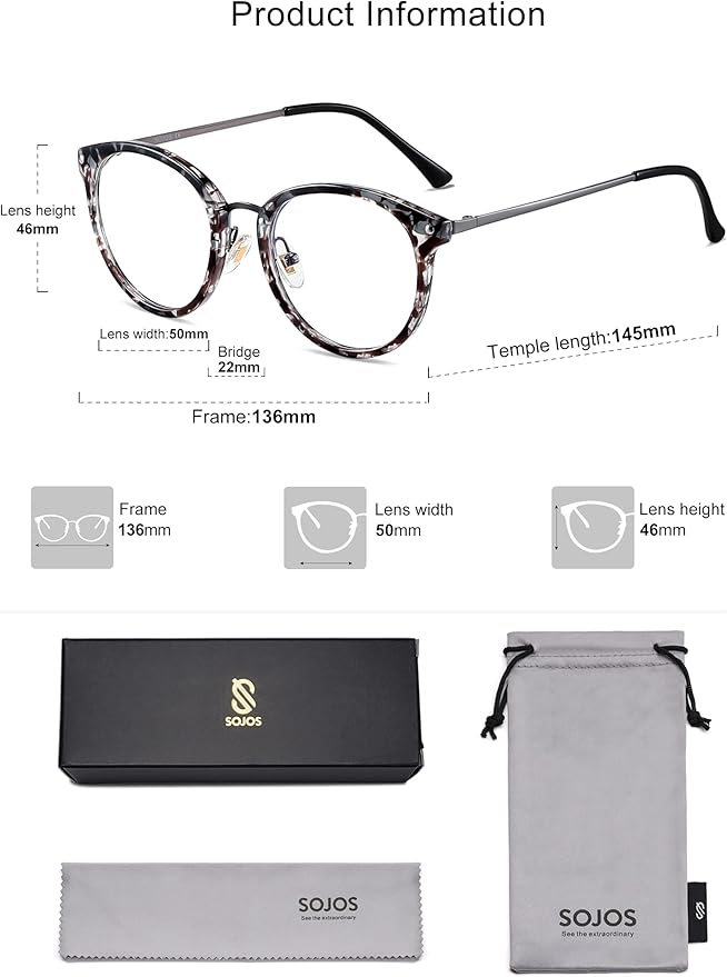 SOJOS Retro Round TR90 Blue Light Reading Glasses Womens Mens Readers Computer Glasses Eyewear Frame SJ9001
