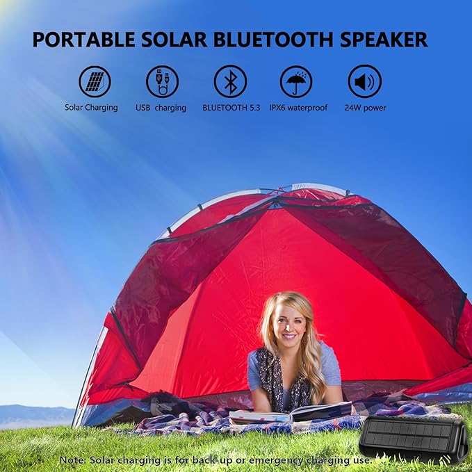 Solar Bluetooth Speaker HD Sound with 5000mAh Power Bank Function, Wireless 50H Playtime,BT5.3,TWS Pairing,IPX6 Waterproof,for Home/Outdoor/Run/Hiking/Travel/Riding/Beach/Camping/Office/Room