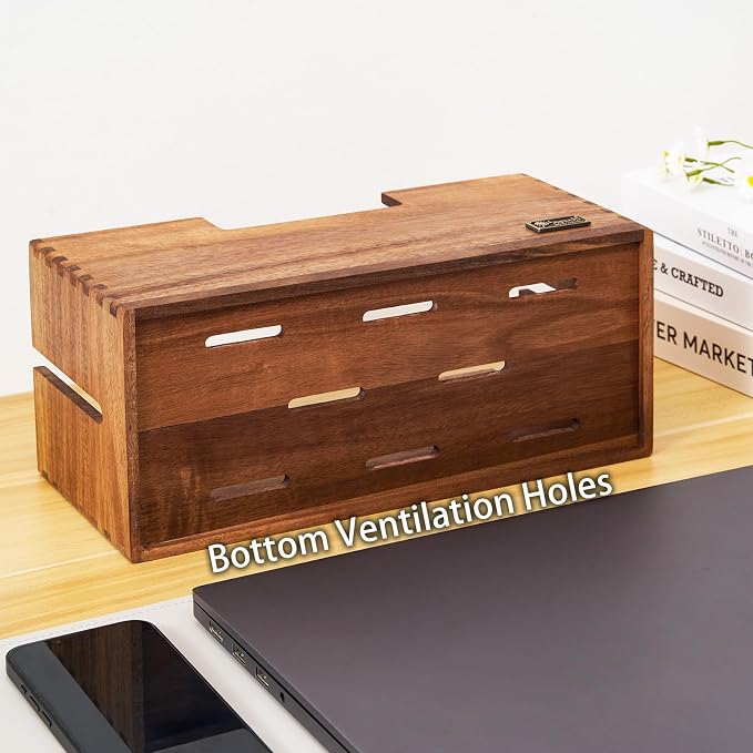 Cable Management Box, Acacia Wood Cord Hider Organizer for Power Strips, TV, Desk & Floor Wires, Under Desk Cable Storage Box for Office & Home - Image 6