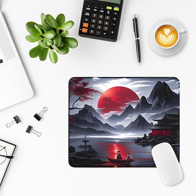 Small Gaming Mouse Pad, Anime Black Mousepad with Stitched Edges, Expanded Cool Desk Mat, Japanese Red Moon Keyboard Mat Suitable for Home Office,10.2 X 8.3 Inch