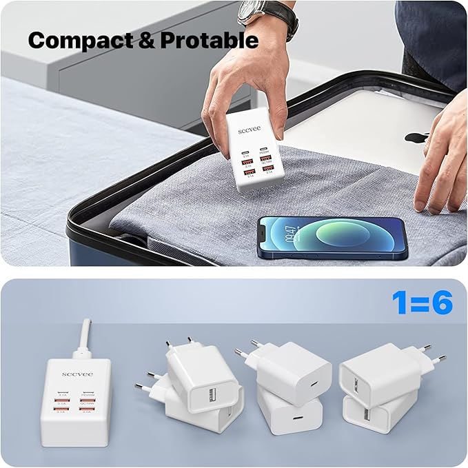 USB C Charger, 55W 6-Port USB Charger Holder Multi-USB Charging Station Desktop Multi-Port USB Charger 2-USB C +4-USB A Compatible with iPhone/Google/Xiaomi/Oppo/Tablet etc.