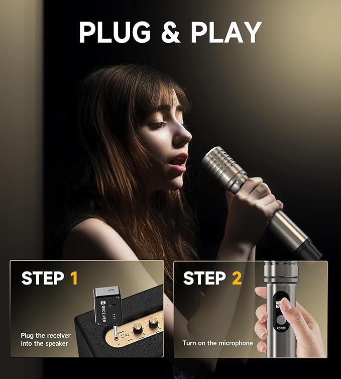 Wireless Microphones, Wireless Microphone with One-to-One Chip Connection, 40H Rechargeable Battery, 200FT Range, Plug and Play, Ergonomic Design,Less Latency Microphone for Singing Video Recording