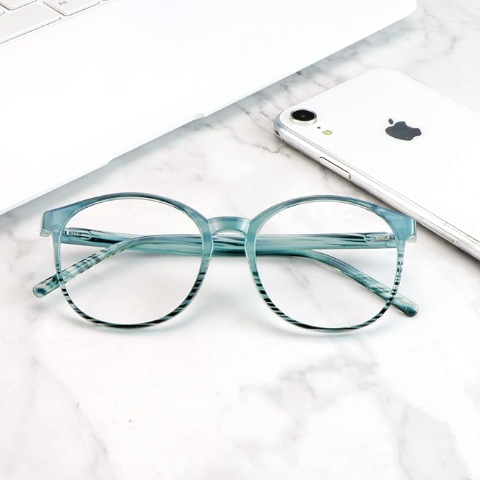 LifeArt Round Blue Light Blocking Glasses, Computer Glasses, Gaming Glasses, TV Glasses for Women Men (Striped Blue, 3.75 Magnification)