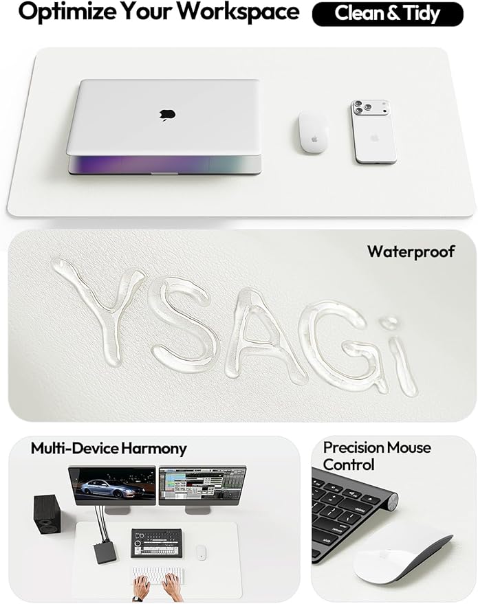 YSAGi Leather Desk Protector, Office Mat, Large Mouse Mat, Non-Slip PU Leather Blotter, Laptop Desk, Waterproof Writing Pad for Office and Home (White, 31.5" x 15.8")