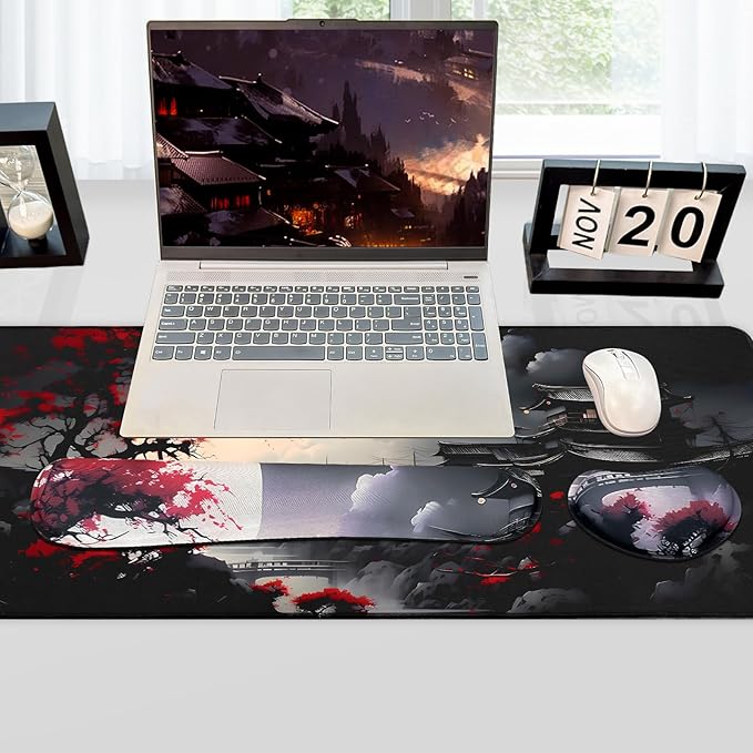 3-in-1 Large Gaming Mouse Pad Set, Anime Mouse Pad with Wrist Rest, Large Mousepads for Keyboard and Mouse with Non-Slip Rubber Base,Suitable for Office,Home,31.5 x 11.8 Inch