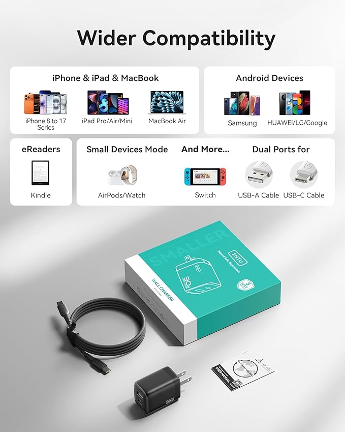 INIU USB C Charger, 30W PD QC 3.0 Dual Port Fast Charging Type C Charger Block with 5 ft USB-C Cable, USB C Wall Charger with Foldable Plug for iPhone 16 15 14 13 Pro Max Samsung S23 S22 AirPods