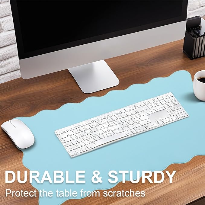 Scalloped Desk Mat Leather Desk Pad Protector Non-Slip PU Leather Table Protector Waterproof Mouse Pad Keyboard Mat Curly Mousepad PC Accessories Gift for Office Home(Light Blue)