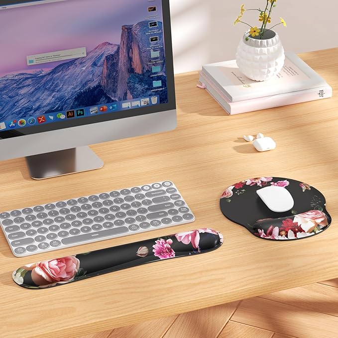 KTRIO Ergonomic Keyboard Wrist Rest and Mouse Pad with Wrist Rest Set, Memory Foam Wrist Support for Typing, Gaming, Office and Home Use, Pale Pink, Peony Flower