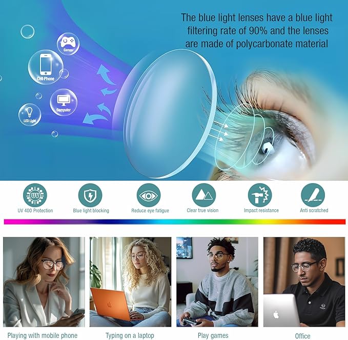 Blue Light Glasses Men and Woman, 99% Blue Light Blocking Glasses for Computer Gaming TV Phone Screen Half Frame