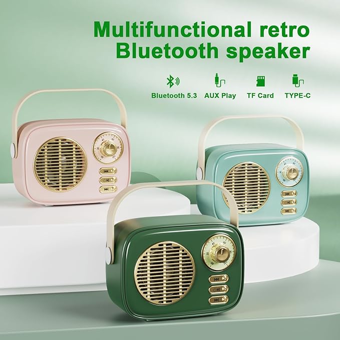 Retro Bluetooth Speaker, Vintage Decor, Gifts for Women Men Teen Girls,Portable Wireless Bluetooth Speaker, Cute Aesthetic Style for Office Kitchen Desk Bedroom Outdoor Support USB/TF Card/AUX (Green)