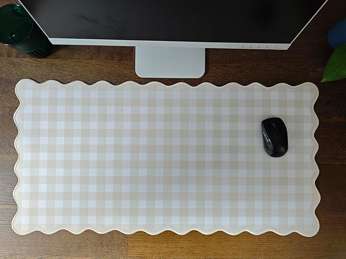 Scalloped Beige Checkered Gingham Desk Mat Cute Pastel Large Mouse Pad Kawaii Cottagecore Vintage Rustic Keyboard Pad Computer Mat for Desktop Aesthetic Cozy Office Desk Decor