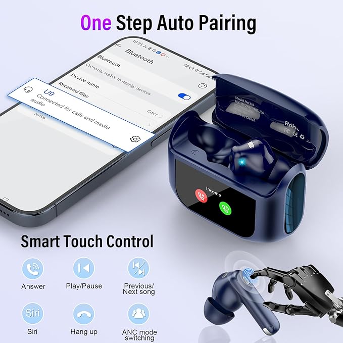 Wireless Earbuds, Bluetooth 5.4 Headphones with Touch Screen, 48H Ear Buds with ANC/ENC Noise Cancelling/Transparency Mode, IPX7 Earphones with 5 EQ Modes, Sapphire Blue