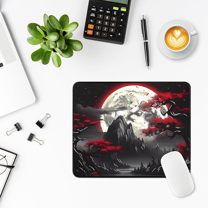 Small Gaming Mouse Pad, Anime Black Mousepad with with Non-Slip Base, Expanded Cool Desk Mat, Mountain Moon Scenery Keyboard Mat Suitable for Home Office,10.2 X 8.3 Inch