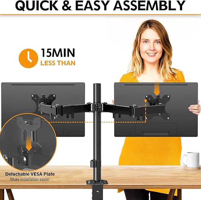 Dual Monitor Mount, Hold Two Screens up to 32", 17.6 lbs Each, Fully Adjustable Arms with C-Clamp and Grommet Base, Double Monitor Stand