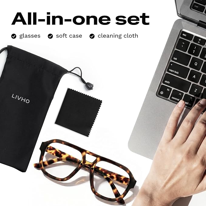 livho Retro Aviator Blue Light Blocking Glasses for Women Men with Soft Case, Trendy Rectangle Computer Eyeglasses