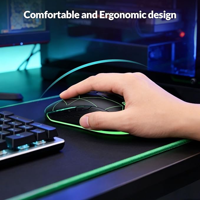 Rii RM200 2.4G Wireless Mouse with USB Nano Receiver, 5 Buttons Rechargeable Mouse,Colorful Backlit RGB Gaming Mouse for Notebook,PC,Computer-Black