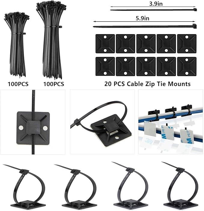 ELII 327PCS White Cable Management Kit 4 Cable Cable Sleeves, 65 Cable Clips with 13Cord Holders,20+5Roll Cable Organizer Straps,200 Fastening Cable Ties,20 Cable Zip Tie Mounts for Computer (White) - Image 7