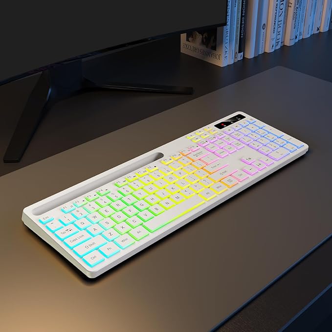 Wireless Keyboard with 7-Color RGB Backlit, Full-Size Computer Keyboard with Phone Tablet Holder, 2.4G Rechargeable Gaming Keyboard with Light Up Keys, Compatible with Mac, Windows (White)