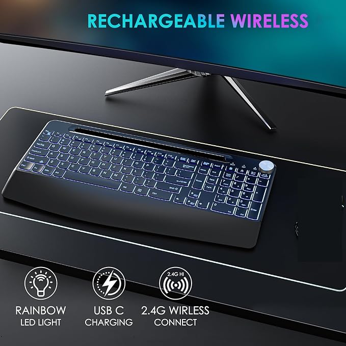 JOMAA 2.4G Wireless Silent Keyboard, Rechargeable,with 7 Colored Backlits &Phone Holder &Wrist Rest,Lighted up Full Size Keyboard for Mac Windows Laptop PC