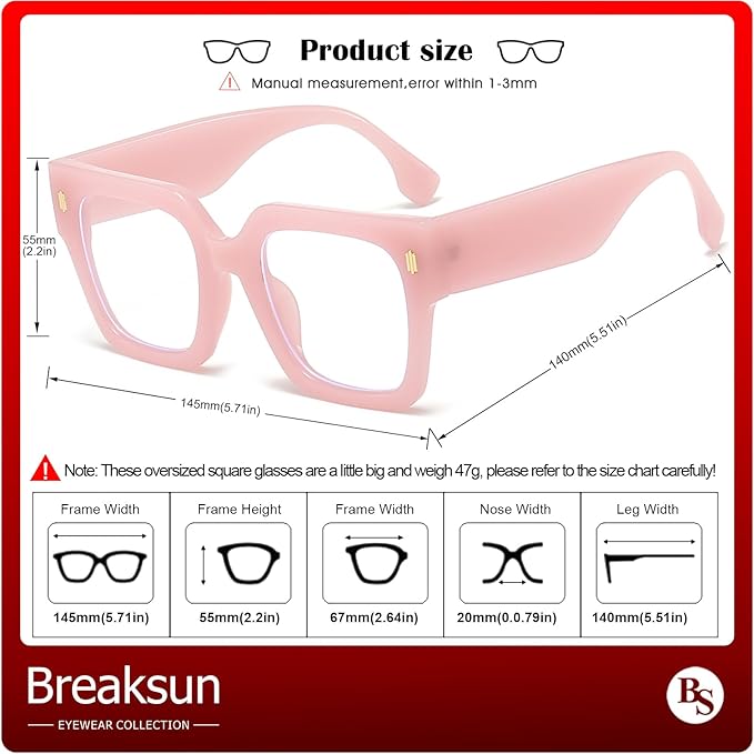 Breaksun Fashion Oversized Blue Light Blocking Glasses for Women Men Trendy Big Square Frame Computer Eyeglasses